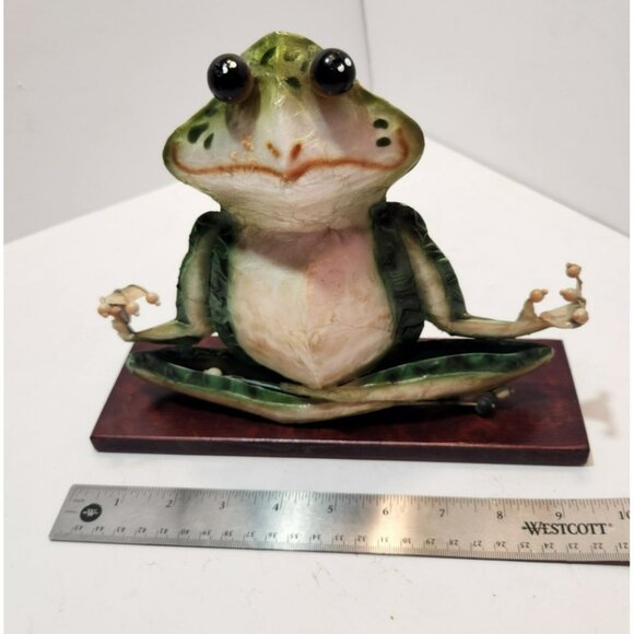 Metal Yoga Meditation Frog Decor on Wooden Base 7.5" Tall by 10" Long - Picture 13 of 14